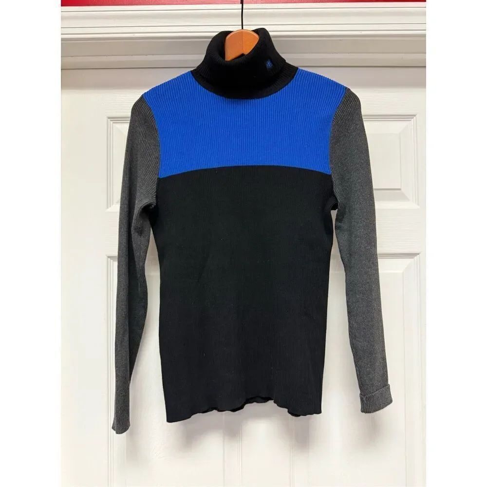 Lauren Ralph Lauren Black Gray Blue Color Block Turtleneck Sweater sz XL EUC